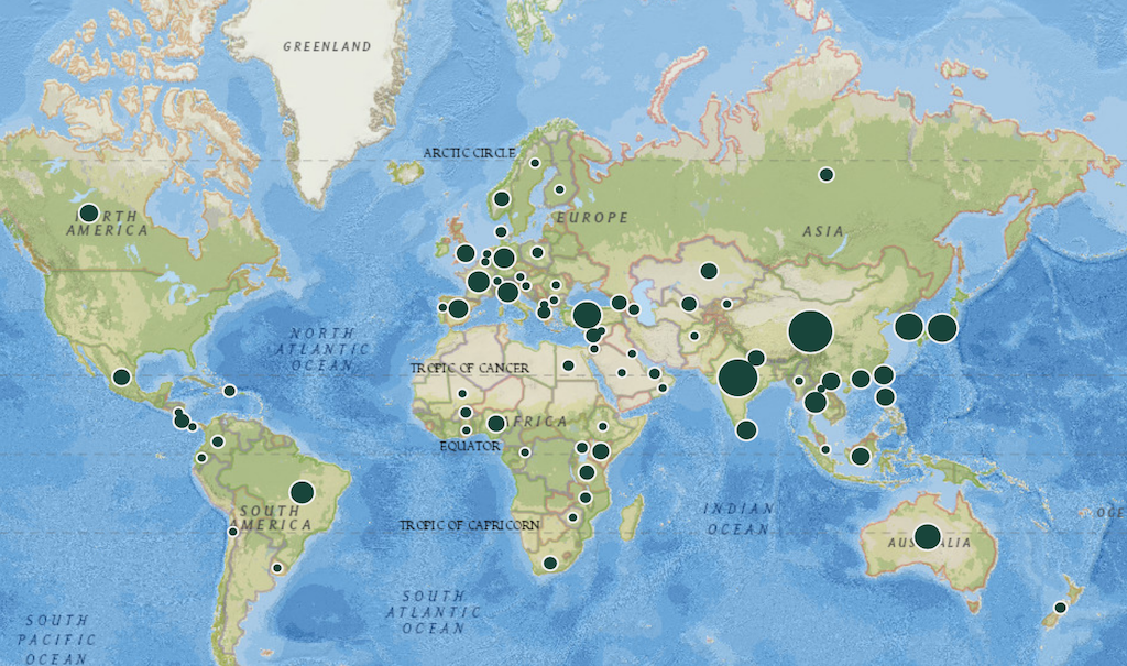 Global map with dots indicating MSU's research reach