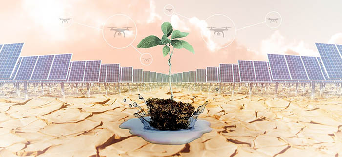 graphic image with cracked earth, a green plant, solar panels and drones