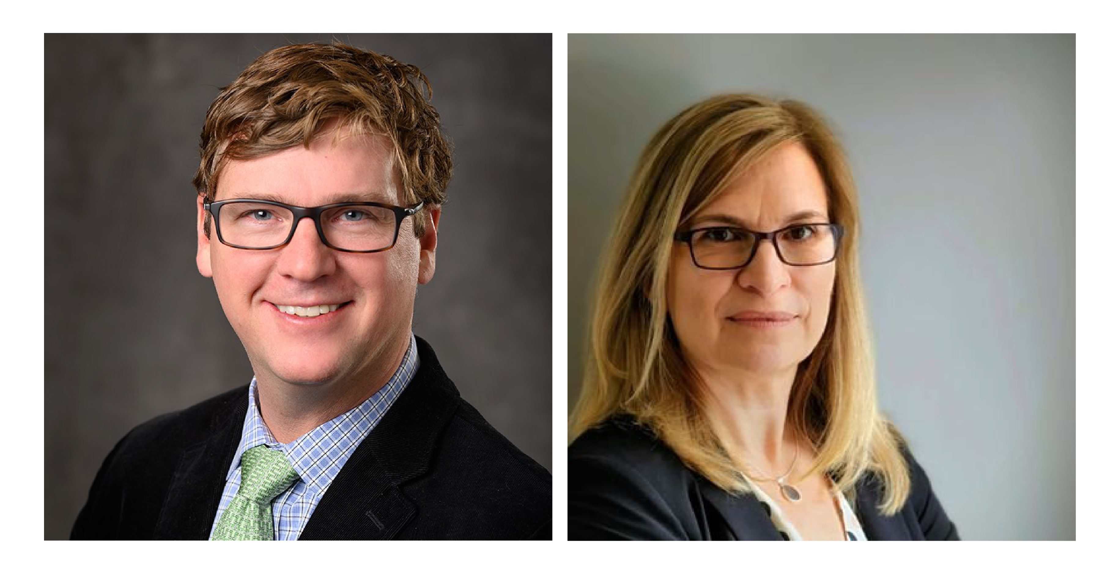 Left, Jeffrey MacKeigan, Ph.D., a man with short hair and glasses. Right, Patricia Soranno, Ph.D., a woman with long hair and glasses